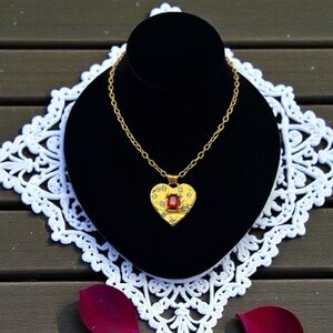 Mondo Mondo Super Heart Gold Pendant Necklace | Red Glass Crystal | 14.5”